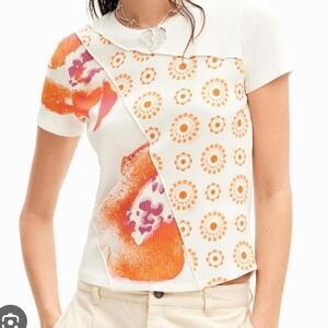 Desigual Womens Sz L Patchwork Floral Short Sleeve Print T-Shirt Top WhiteOrange